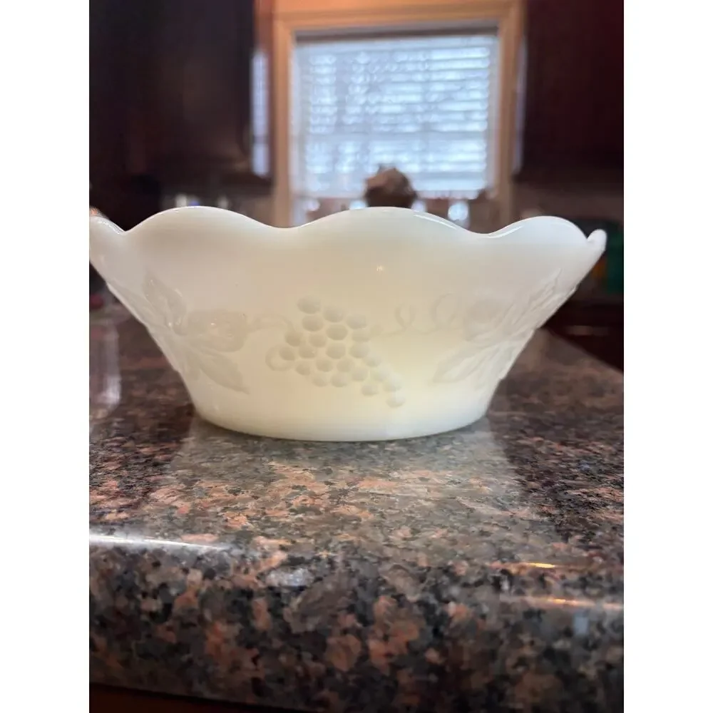 Vintage Milk Glass Bowl with Grape and Leaf Design 8.5" round - Picture 1 of 14